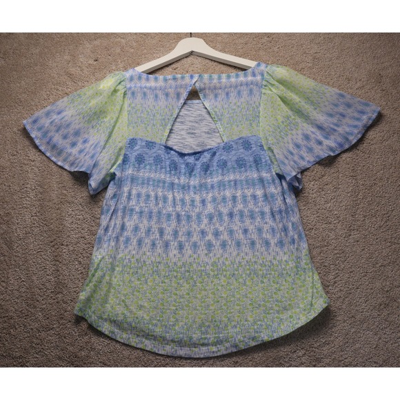 Lucky Brand Chiffon Top Floral Print Split Back Flutter Sleeve Boho Womens S - Picture 5 of 10